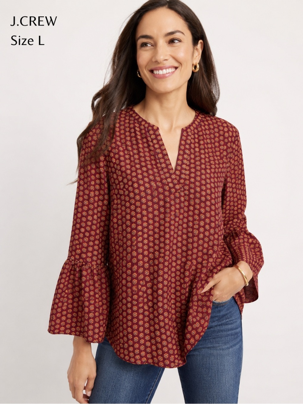 J.Crew Burgundy Medallion Print Bell Sleeve Blouse Size L